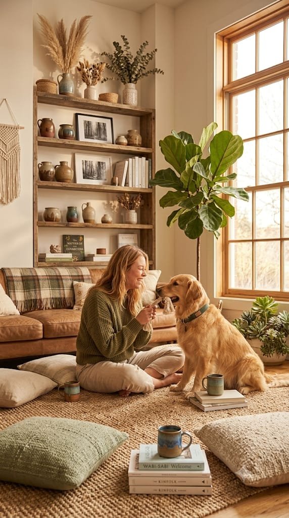 Woman looking at her dog while enjoying time together