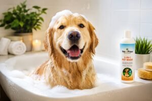 Golden retriever enjoying a bath with Nex-Paw pet wash