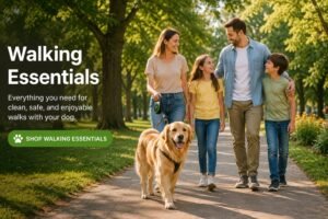 Family walking a dog in a park with dog walking essentials