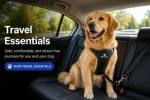 Golden retriever wearing a safety harness during a car ride