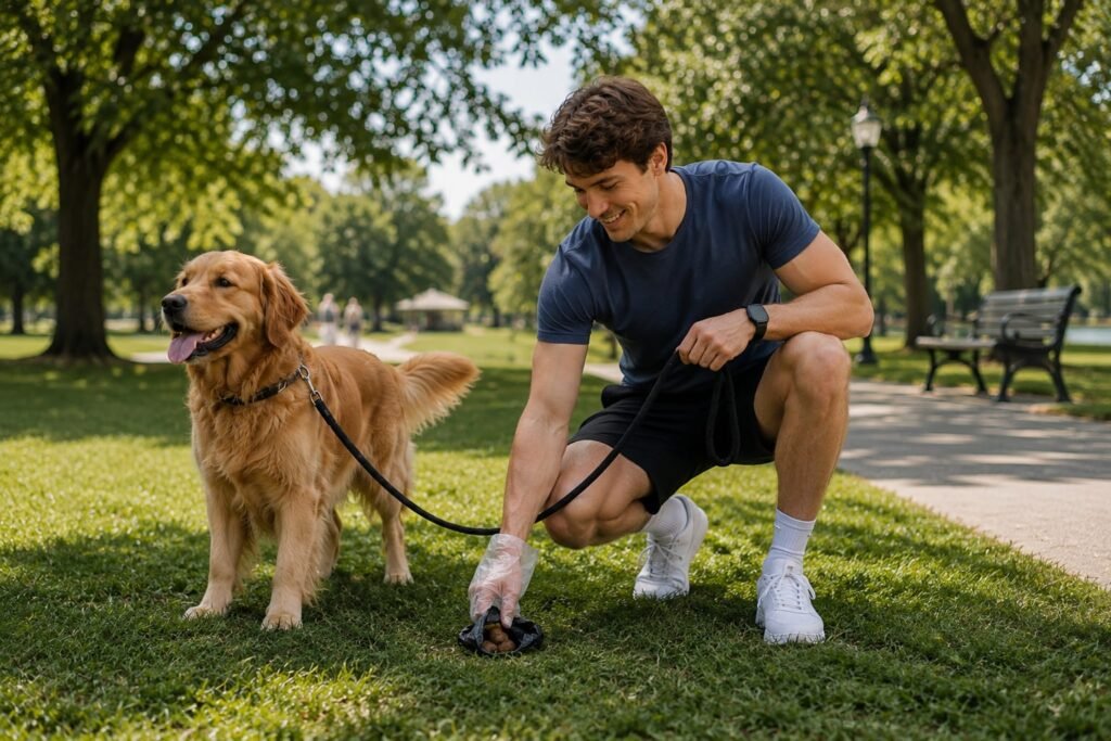 Dog owner picking up dog waste in a neighborhood park