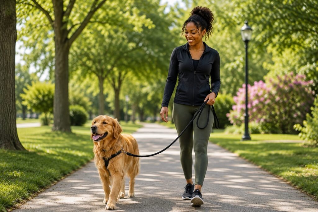 Woman walking her dog with Nex-Paw dog poop bags in a clean park