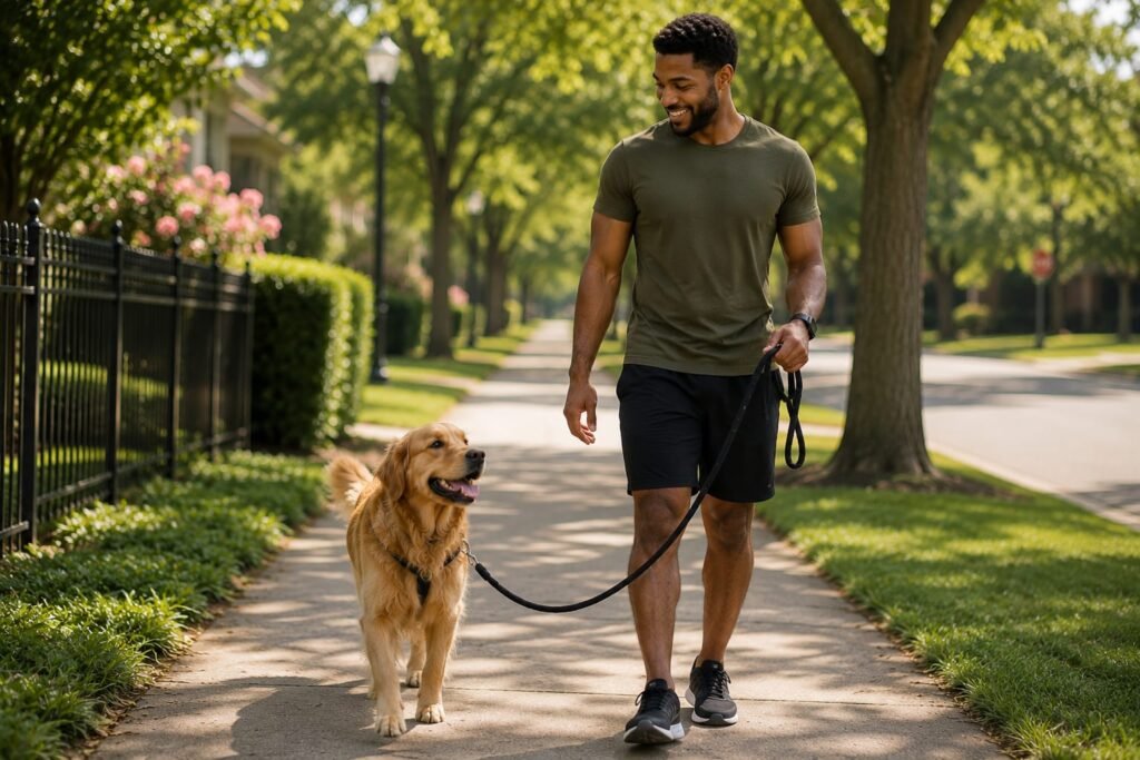 Man walking her dog with Nex-Paw dog poop bags in a clean park