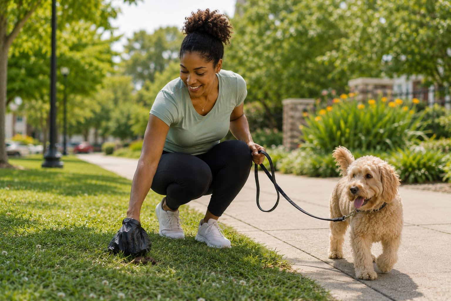 Dog owner picking up dog waste in a neighborhood park