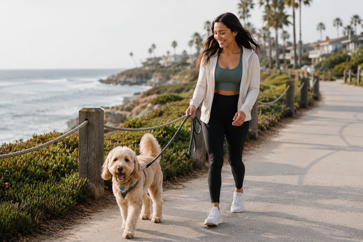 Woman walking her dog along a coastal path
