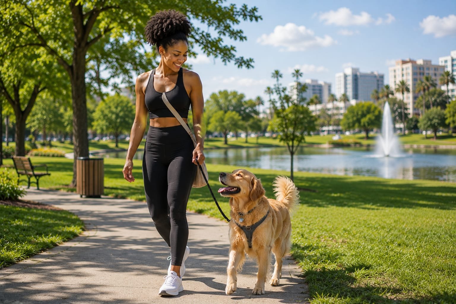 Woman walking her dog with Nex-Paw dog poop bags in a clean park