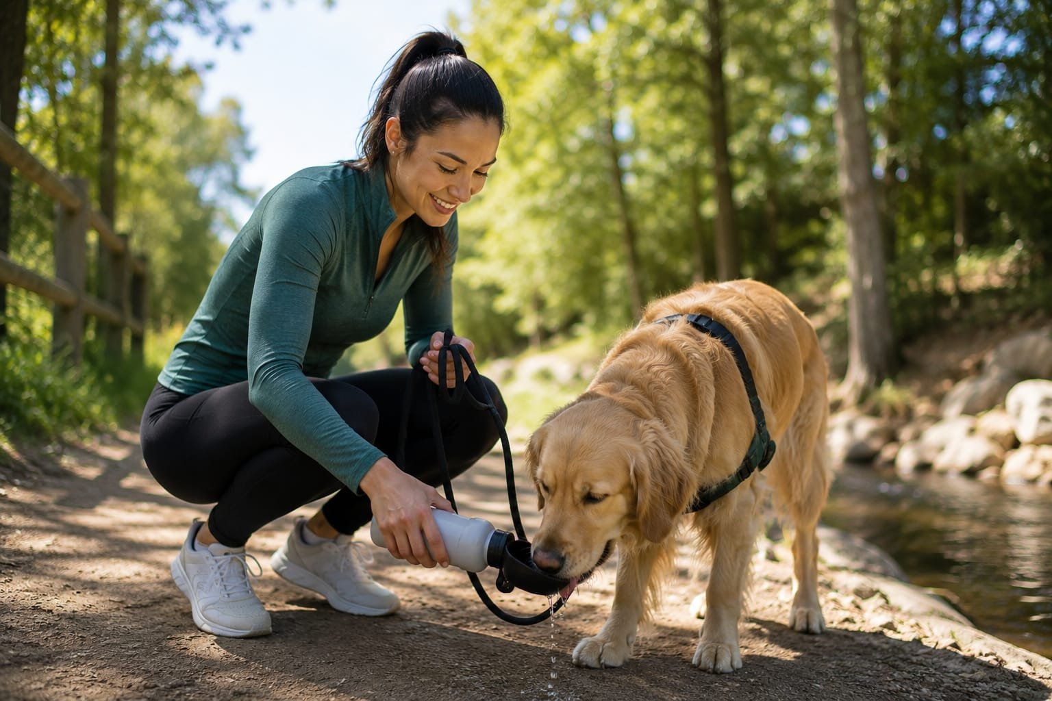 Dog drinking water during a walk with its owne