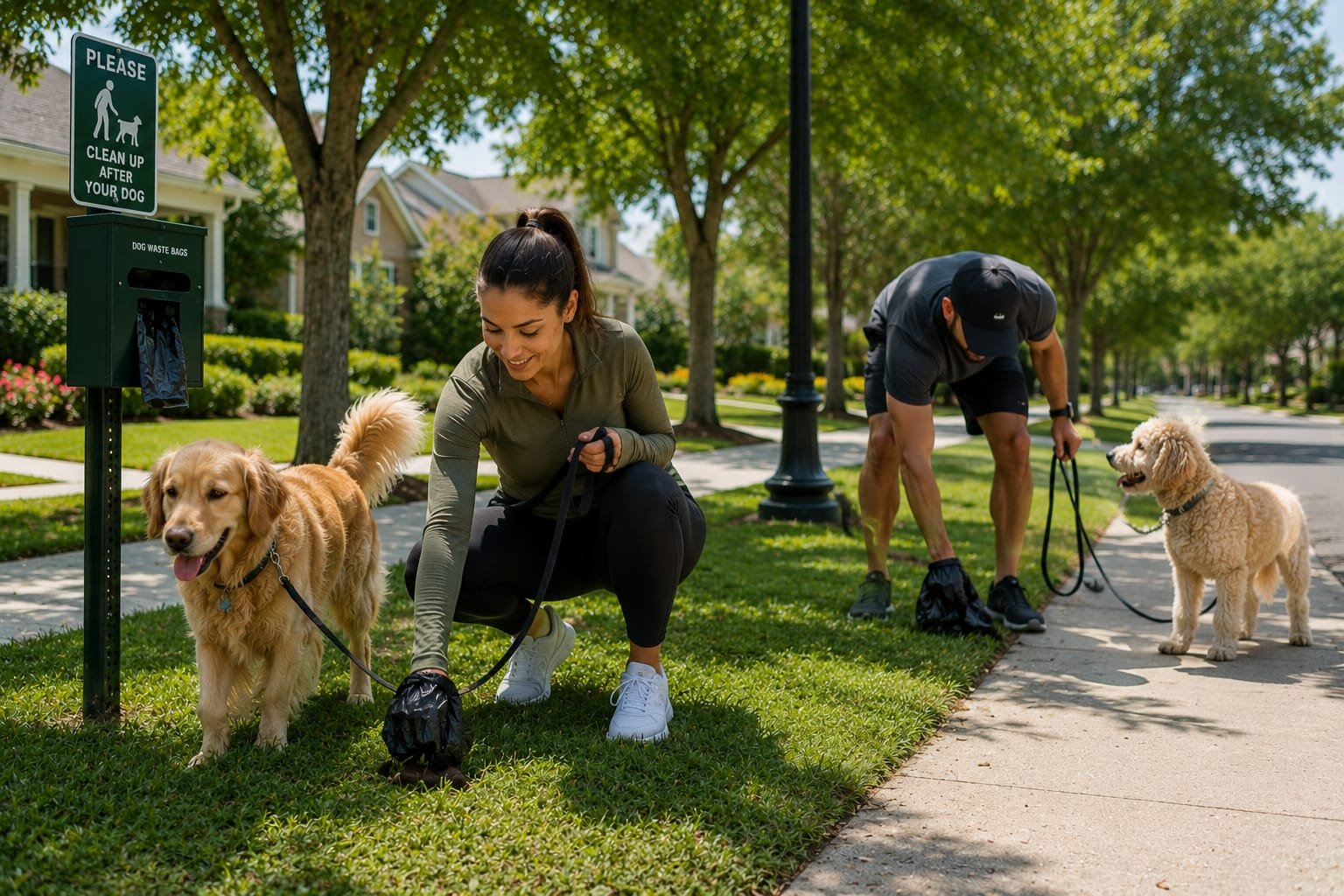 Dog owners picking up dog waste with poop bags in a neighborhood par
