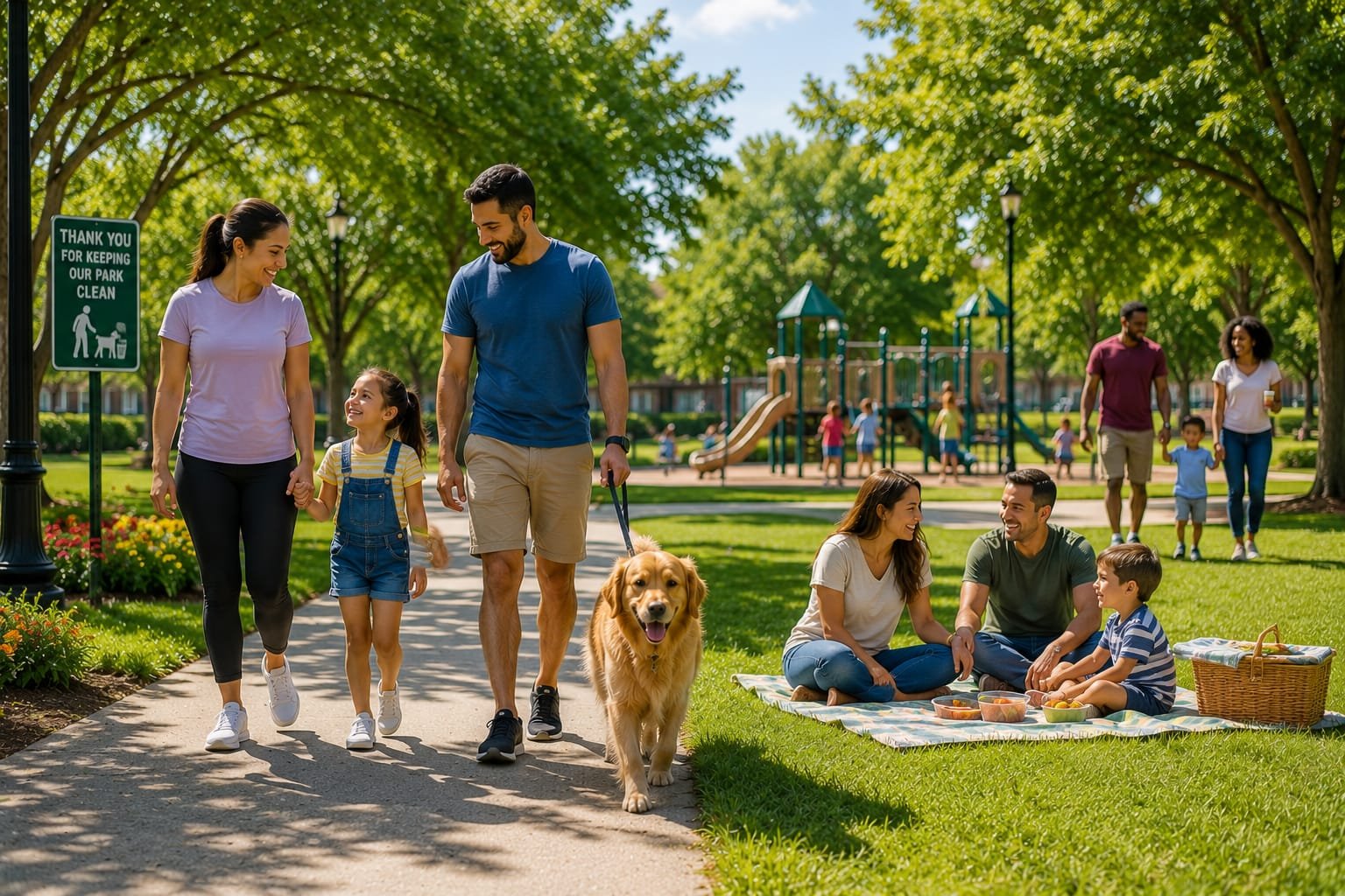 Family walking a dog in a clean neighborhood park