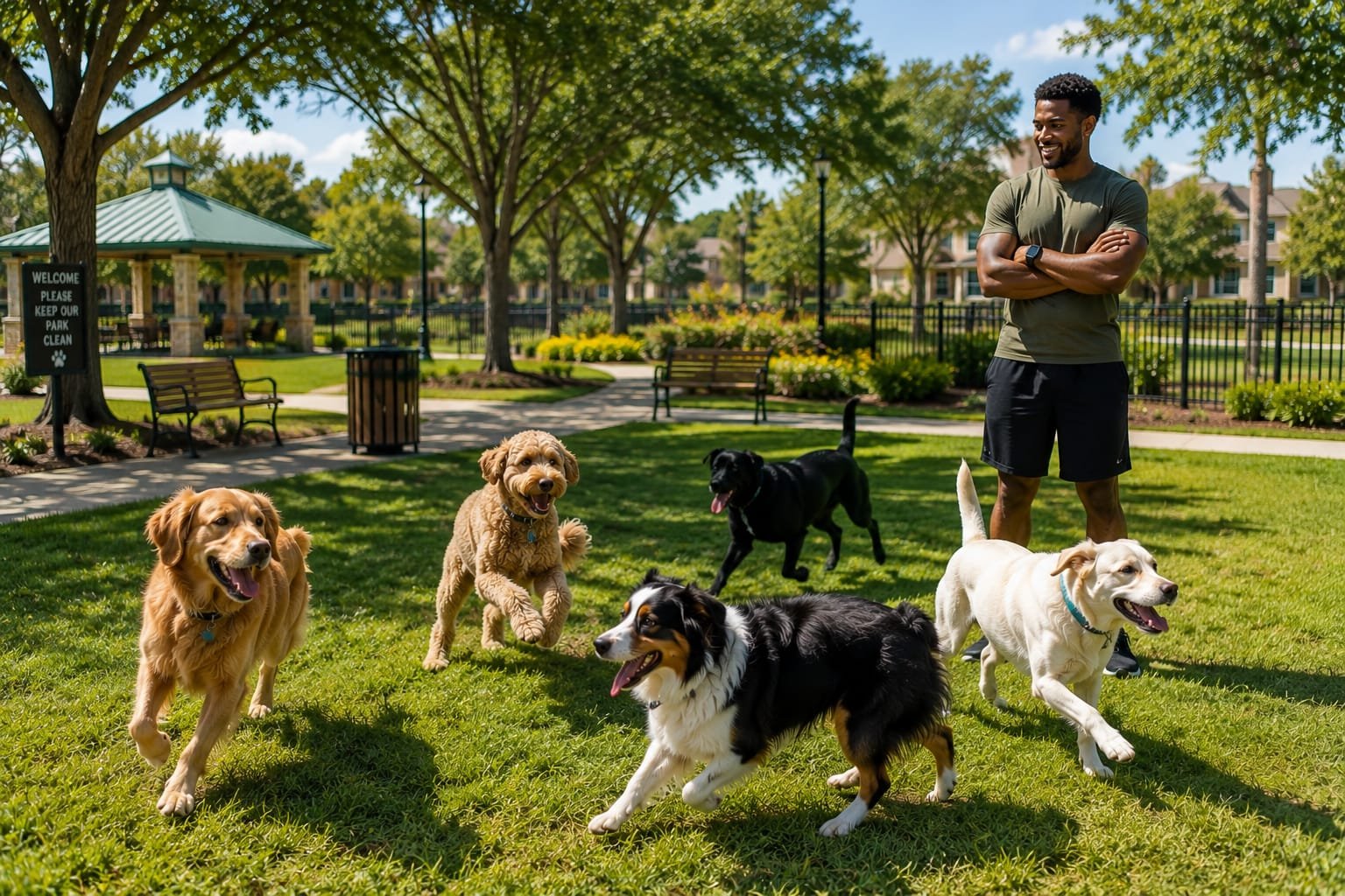 Dogs playing together in a clean neighborhood park