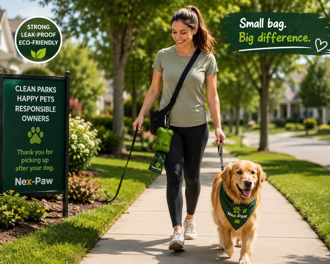 Woman walking her dog with Nex-Paw dog poop bags in a clean park